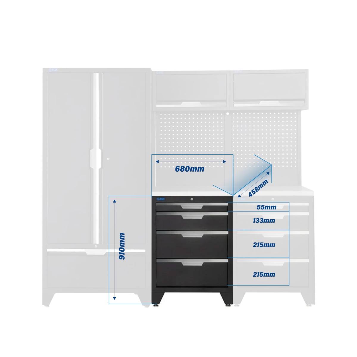 SGS 7pc Modular Garage Storage | 8 Drawers | Stainless Steel Worktop | 2x Upper Cabinets | Tall Double Cabinet with Drawer